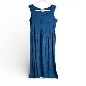 Vintage Indigo Blue Smocked Crinkle Rayon Midi Dress
